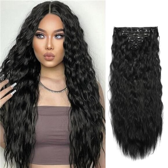 Curly Clip In Hair Extension 7PCS Black